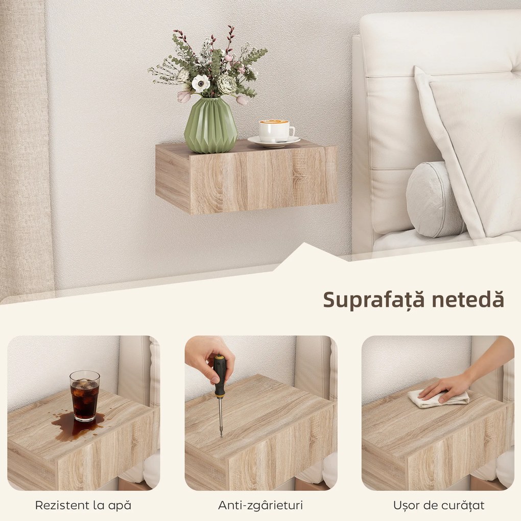 HOMCOM Set de 2 Noptiere Suspendate cu Sertar, Pereche de Noptiere Moderne din Lemn, Mese Laterale pentru Canapea, Living și Dormitor, 40x30x15 cm, Stejar | Aosom Romania