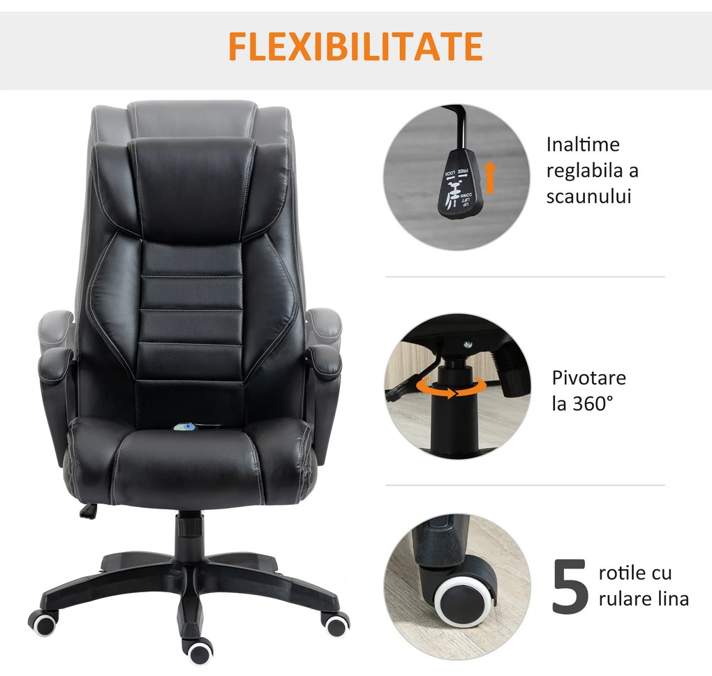 Vinsetto Fotoliu de Birou pentru Masaj și Ergonomic, Design Directorial, Piele Ecologică Neagră, 6 Puncte de Masaj | Aosom Romania