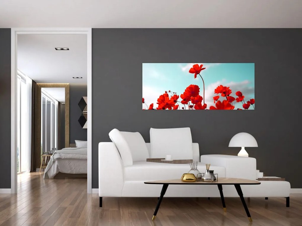 Tablou - Câmp cu flori roșu deschis (120x50 cm)