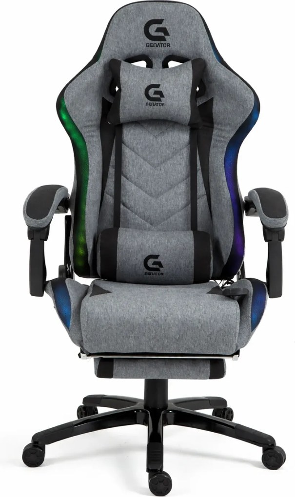 Scaun gaming, Masaj si Incalzire, Sistem iluminare banda LED RGB, Boxe Bluetooth, funcție șezlong, 90-155 grade, suport picioare, Textil, Gri/Negru