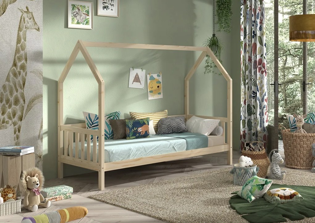 Pat‑căsuță 90 × 200 cm cu balustradă și sertar – refugiul ideal pentru somn liniștit – gamă Cabane – Vipack