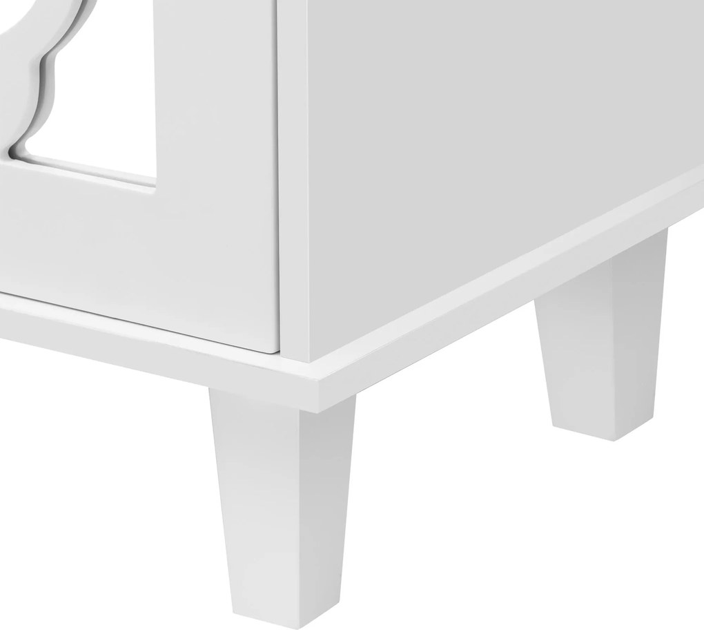 Bufet cu patru uși oglinzite, comodă cu sertare și mânere din cristal, 140x40x83 cm, Alb