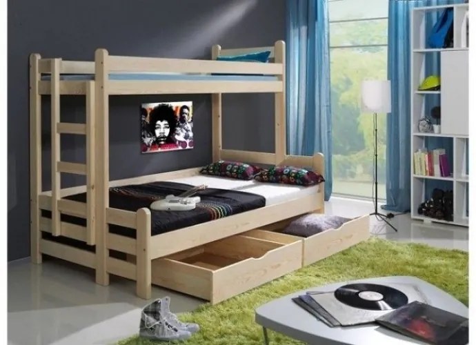 Pat supraetajat din lemn de pin, cu 2 sertare pentru copii Beniamin Pin, 200 x 90 cm