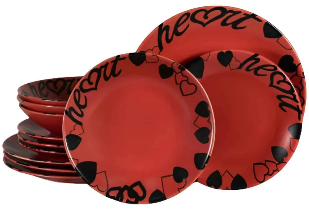Set Complet Serviciu De Masa, Heart, 12 piese, pentru 4 persoane, Cesiro, Rosu Mat si Negru
