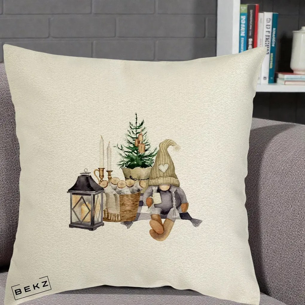 Perna Decorativa Gnom Scandinav cu Felinar, 40x40 cm, Ecru, Husa Detasabila, Perna Inclusa, BEKZ®