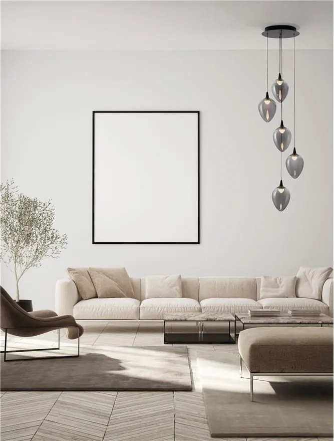 Lustra moderna cu 5 pendule LED, Metal, Sticla, Fumuriu, Nali