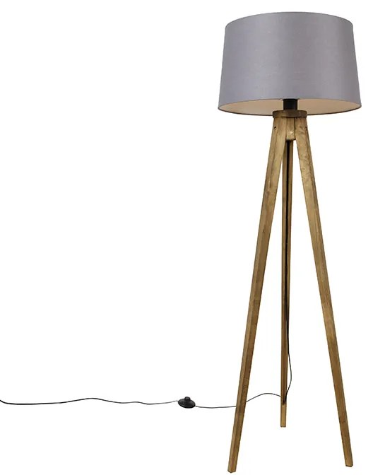 Lampă de podea rustică cu trepied din lemn vintage cu abajur din in gri închis 45 cm - Tripod Classic