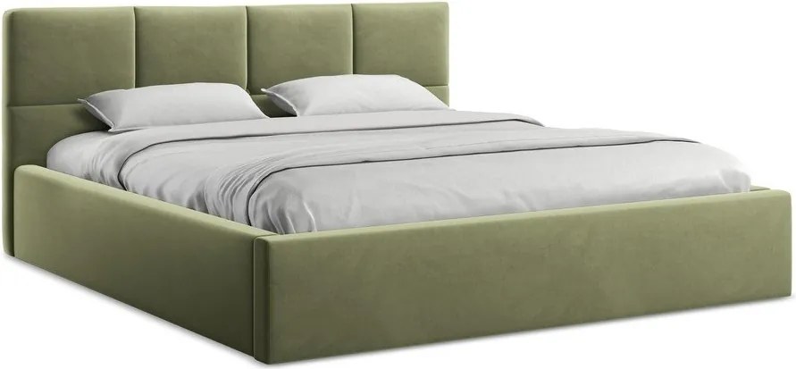 Pat matrimonial verde tapițat din catifea cu spațiu de depozitare cu somieră 140x200 cm Hiko – Makamii