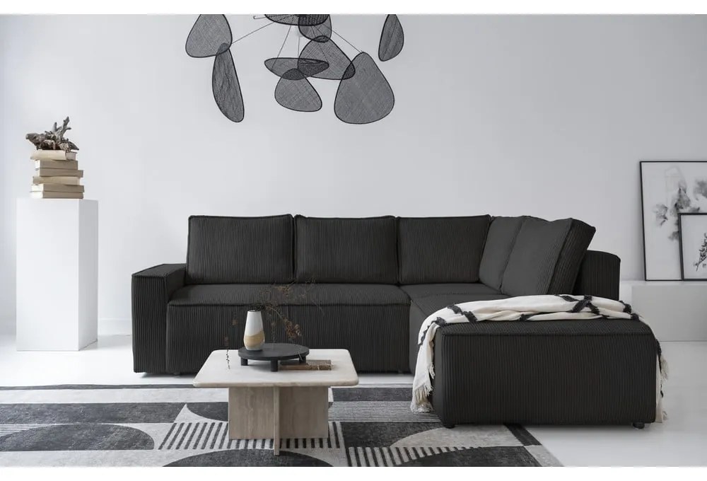 Colțar gri antracit extensibil cu tapițerie din catifea reiată (cu colț pe partea dreaptă) Brave Dave – Miuform
