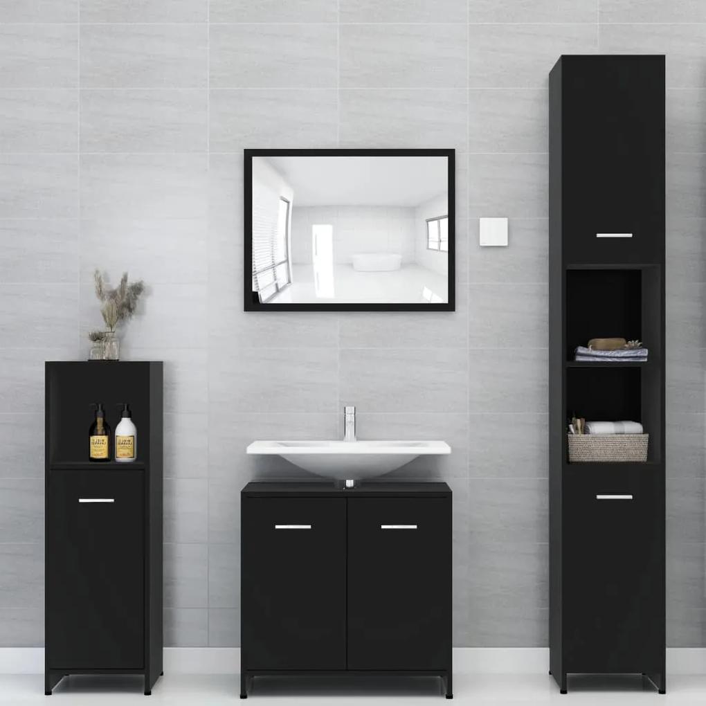 Set mobilier de baie, 3 piese, negru, PAL Negru, 1