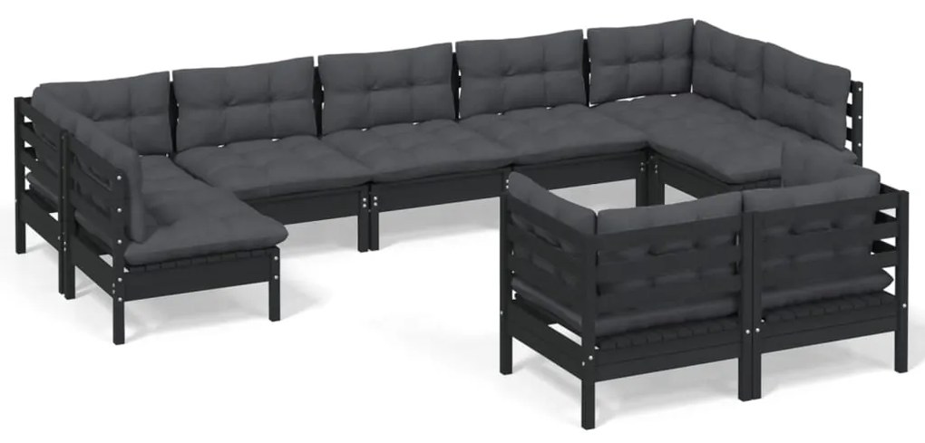 Set mobilier gradina cu perne, 9 piese, negru, lemn masiv pin Negru, 1