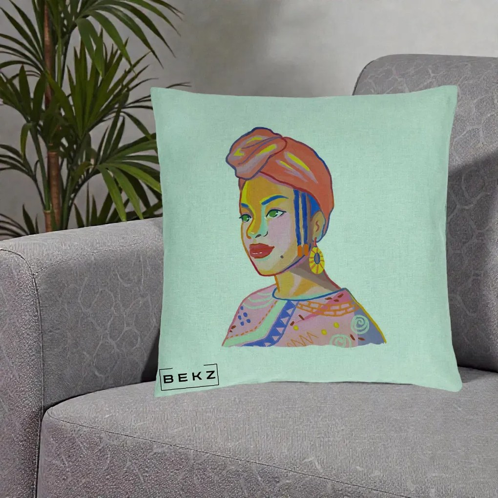 Perna Decorativa Portret Femeie Africana, 40x40 cm, Verde Menta, Husa Detasabila, Perna Inclusa, BEKZ®