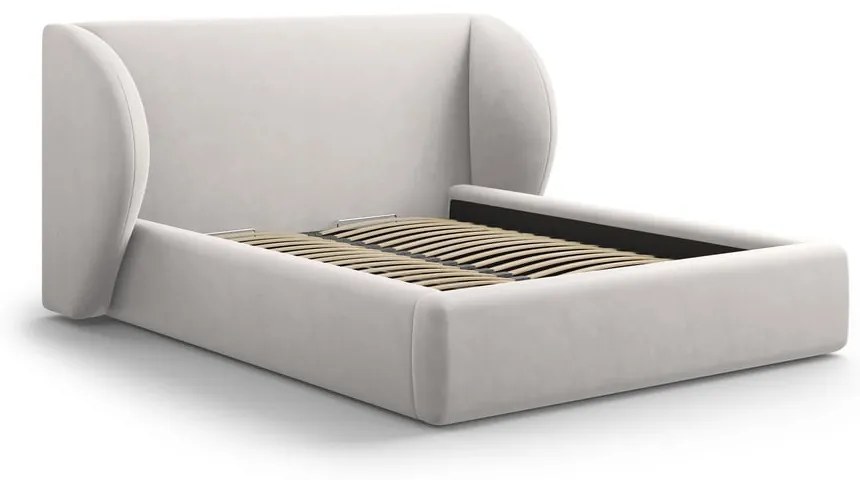 Pat dublu gri deschis tapițat cu spațiu de depozitare și somieră 200x200 cm Miley – Micadoni Home