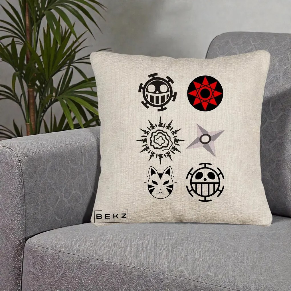 Perna Personalizata Simboluri Anime Mix - Naruto One Piece, 40x40 cm, Bej Canapea, Husa Detasabila, Perna Inclusa, BEKZ®