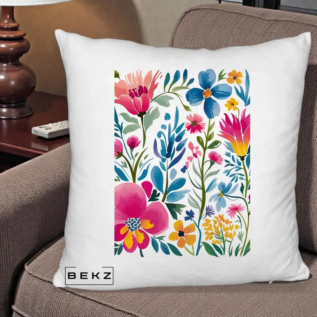 Perna decorativa cu flori: Gradina Florala Acuarela Colorata, 40x40 cm cu Umplutura, Alb Pufos, BEKZ