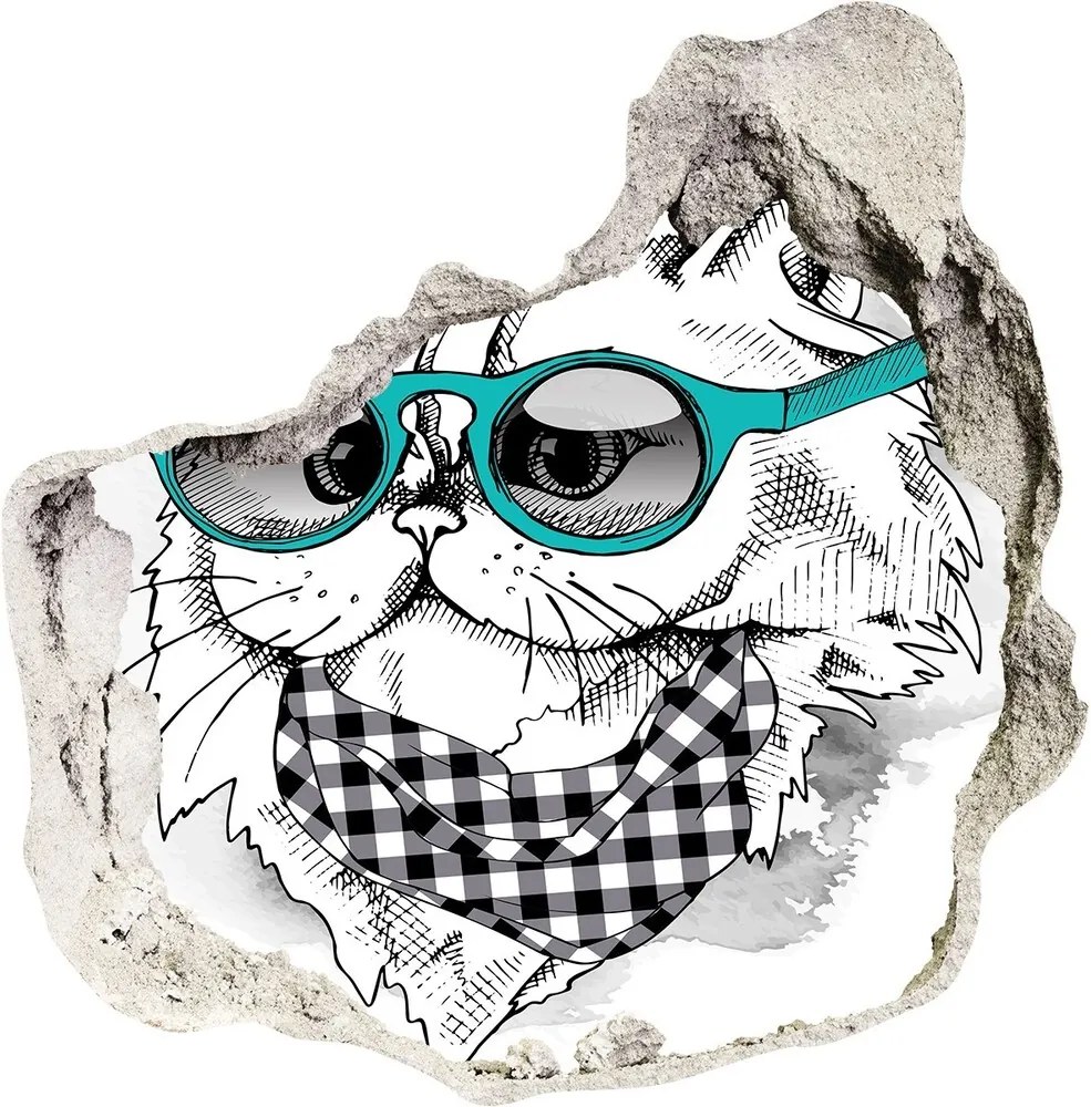 Autocolant gaură 3D Cat cu ochelari