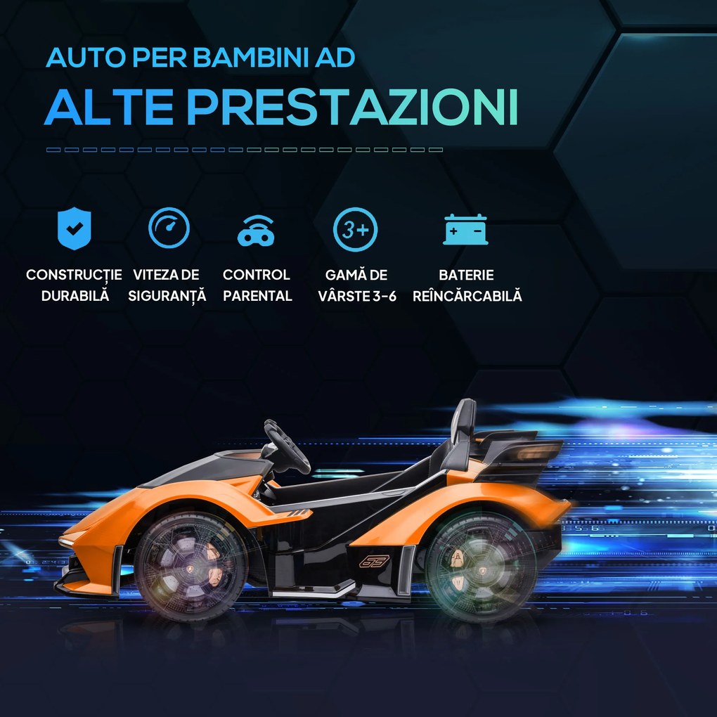 HOMCOM Mașinuță Electrică pentru Copii, Automobil cu Telecomandă, Faruri LED și Muzică, Varsta 3+ Ani, 117x66x50 cm, Portocaliu | Aosom Romania