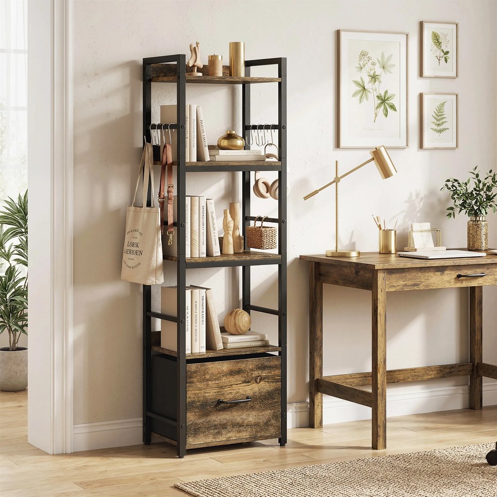 HOMCOM Bibliotecă cu 4 niveluri, etajeră de depozitare îngustă cu sertar, 8 cârlige, , 39 x 26 x 136,5 cm, maro rustic | Aosom Romania