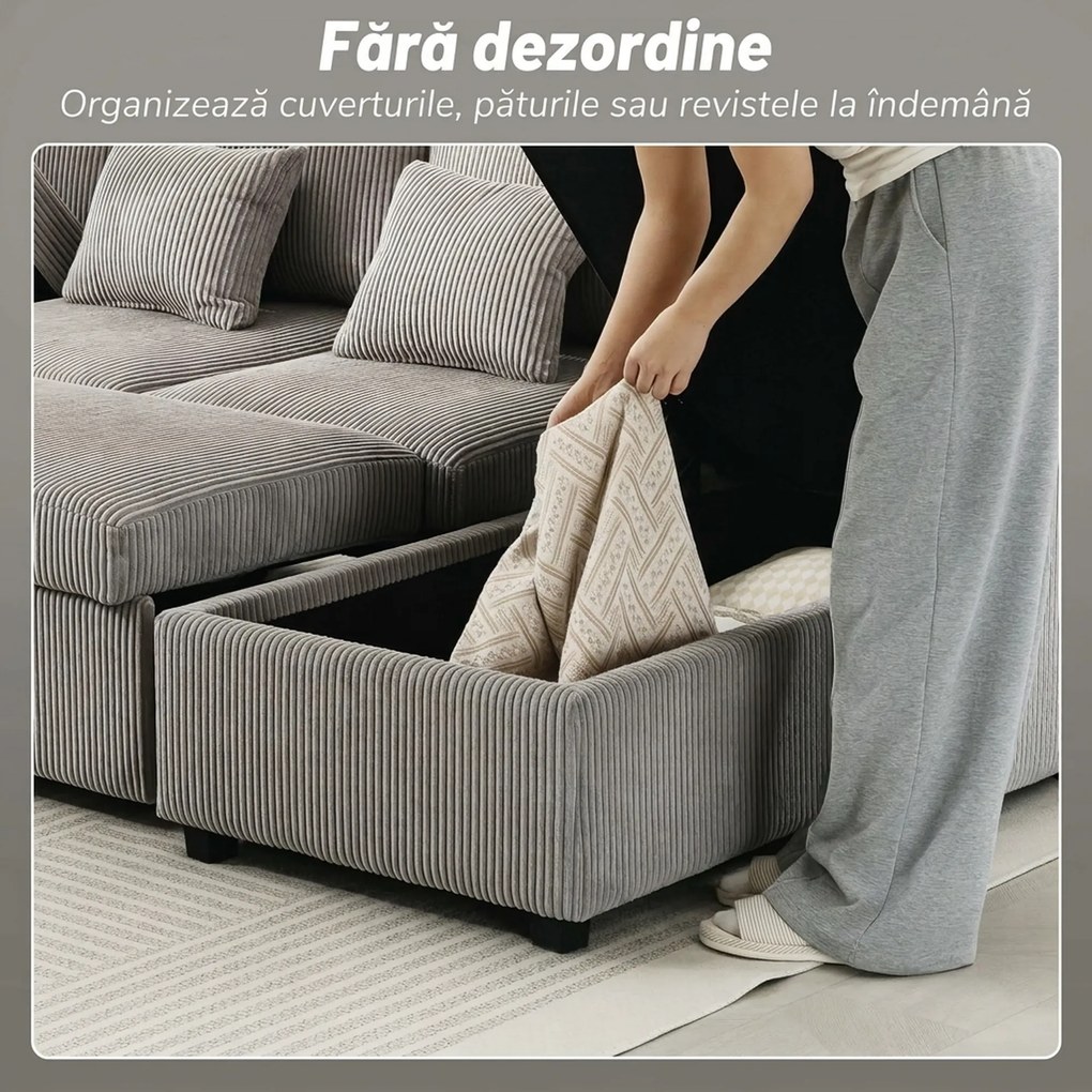 HOMCOM Canapea Extensibilă Modernă în Formă de U și Spații de Depozitare, Catifea Reiată, 282x140x86 cm, Gri | Aosom Romania