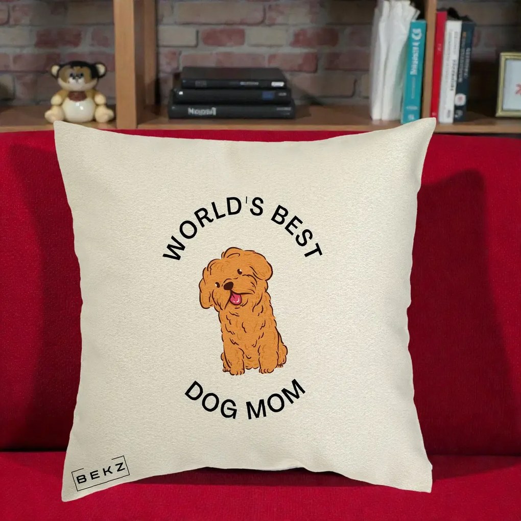 Cadou pentru Iubitorii de Caini - Perna Personalizata World's Best Dog Mom, 40x40 cm, Ecru, Husa Detasabila, Perna Inclusa, BEKZ®