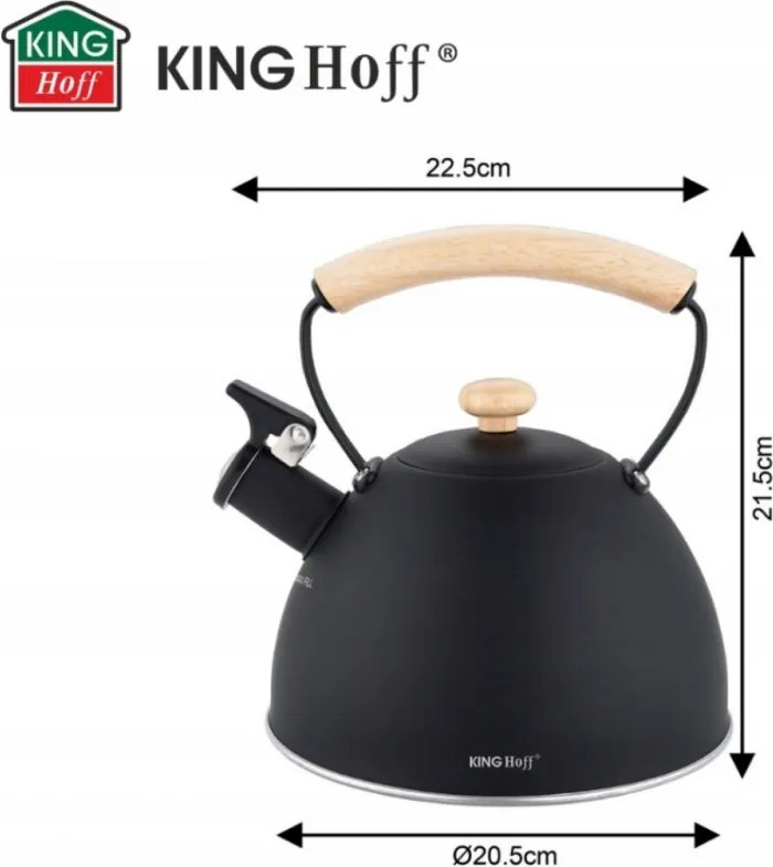 Ceainic cu fluier Kinghoff KH 1999, 2,5 l, Otel inoxidabil, Maner din lemn, Toate plitele inclusiv inductie, Negru mat