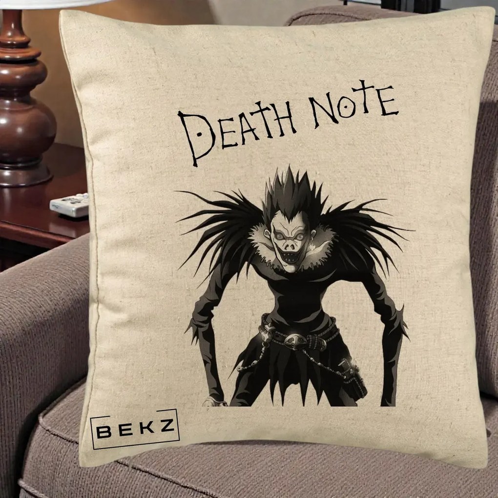 Perna Personalizata Death Note Ryuk Shinigami Alb-Negru, 40x40 cm, Bej, Husa Detasabila, Perna Inclusa, BEKZ®