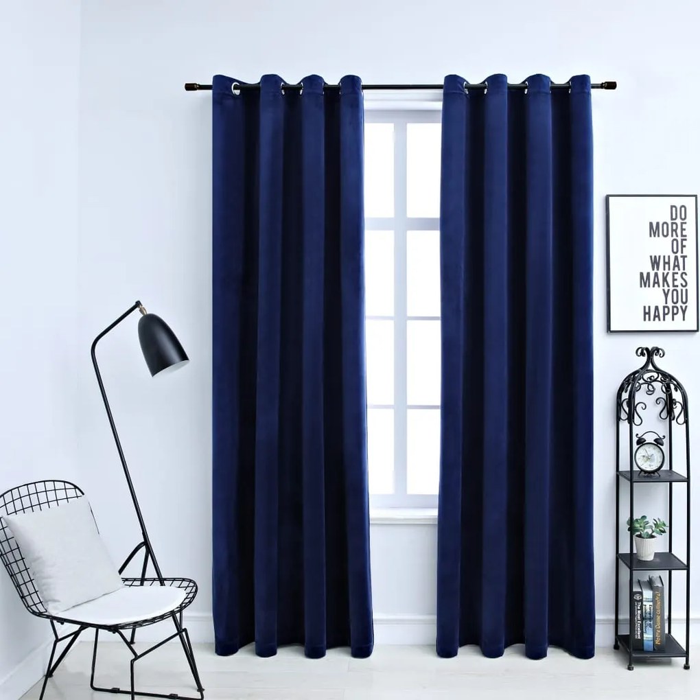 134529 vidaXL Draperii opace cu inele, 2 buc., albastru, 140x225 cm, catifea