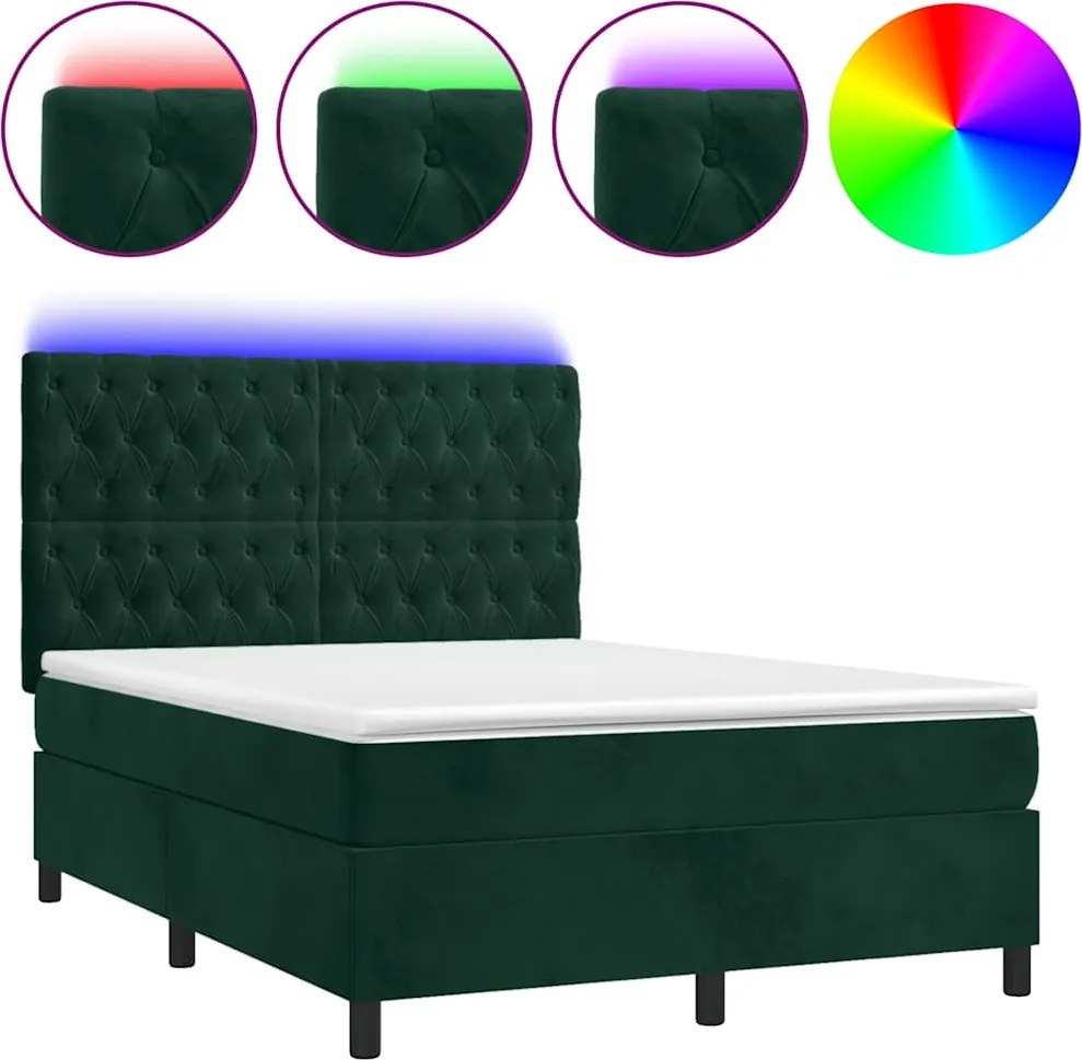 vidaXL Pat cu arcuri, saltea și LED, verde închis, 140x190 cm, catifea