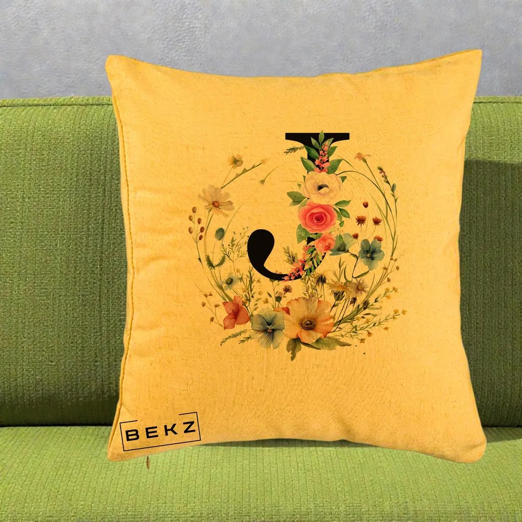 Cadou Personalizat - Perna Personalizata Monogram Litera J cu Flori Acuarela, 40x40 cm, Galben, Husa Detasabila, Perna Inclusa, BEKZ®