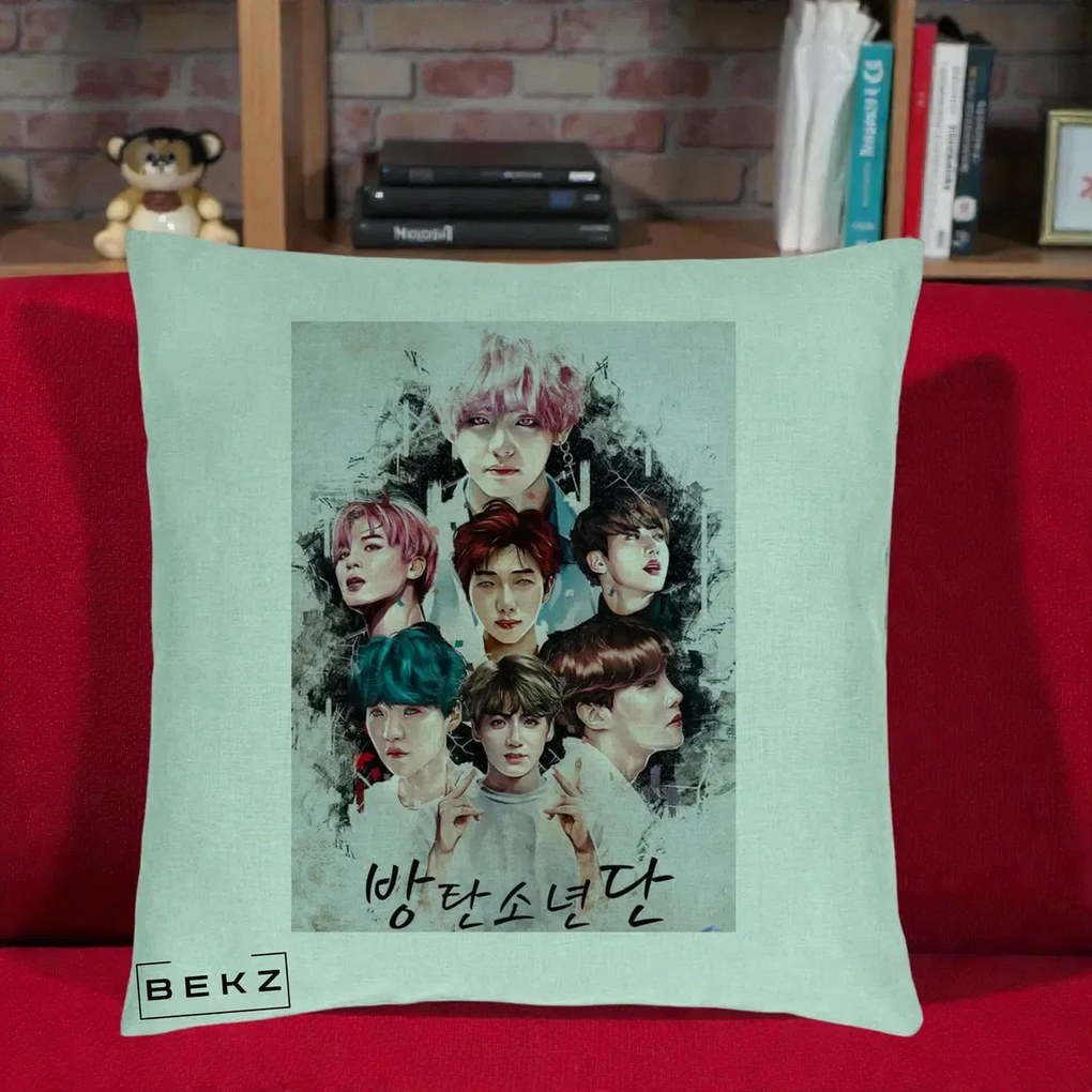 Perna Personalizata K-pop BTS Bangtan Boys Poster Artistic Negru Alb, 40x40 cm, Verde Menta, Husa Detasabila, Perna Inclusa, BEKZ®