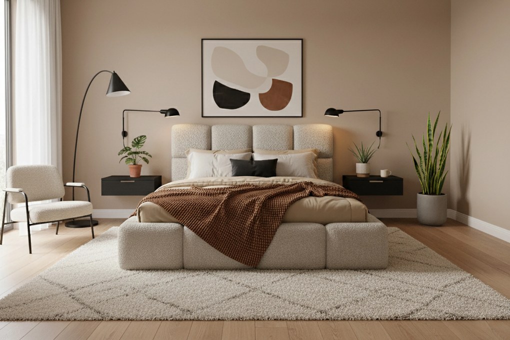 Pat tapițat Cloud 180x200 cu spațiu depozitare - bouclé bej deschis Quelle 02