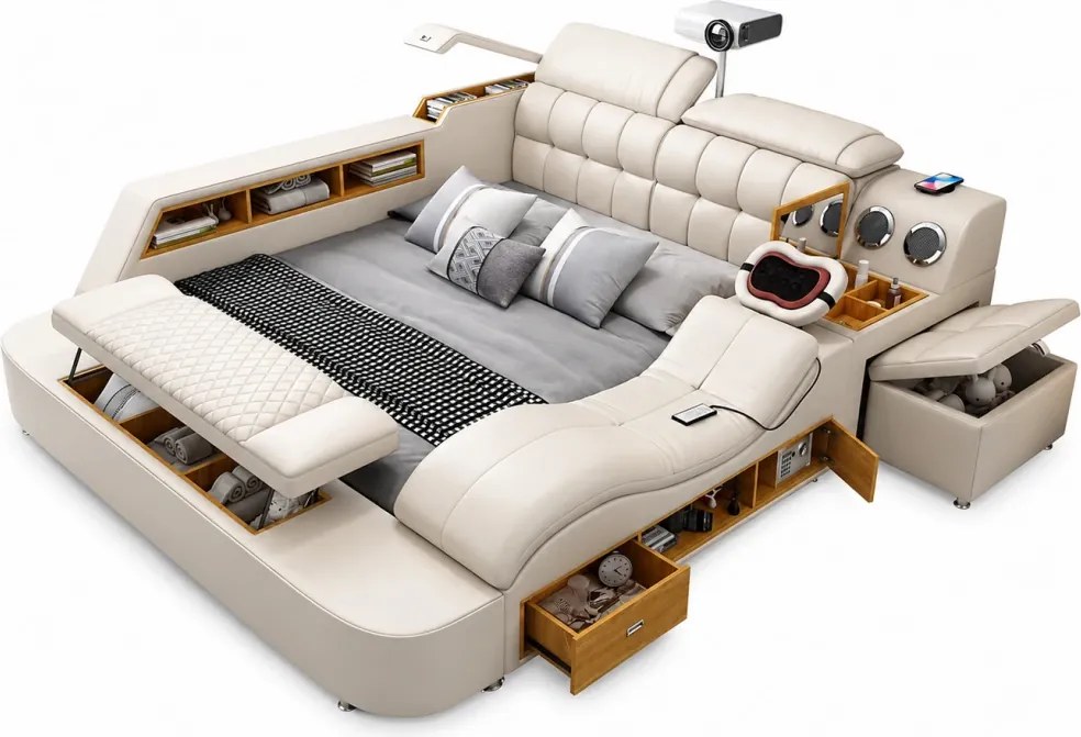 MOBLUX03 Luxury 180x200 cm Beige Left Chaise – Pat Inteligent Premium cu Proiector, Vibromasaj, Boxe Bluetooth, Încărcare Wireless și Spații Multiple de Depozitare