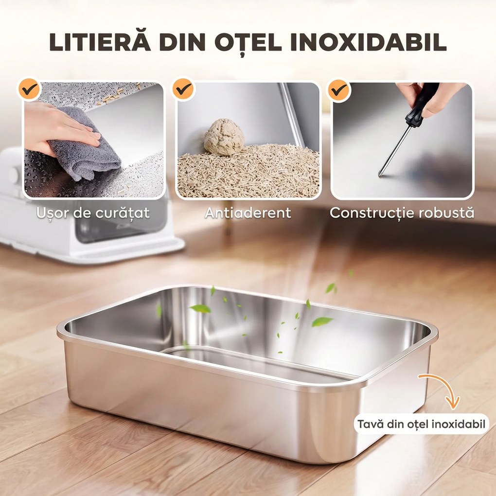 PawHut Litieră Închisă pentru Pisici 3 în 1 XL 90L din Oțel Inoxidabil, cu Capac Detașabil, Lopățică, Pereți Înalți, Alb | Aosom Romania