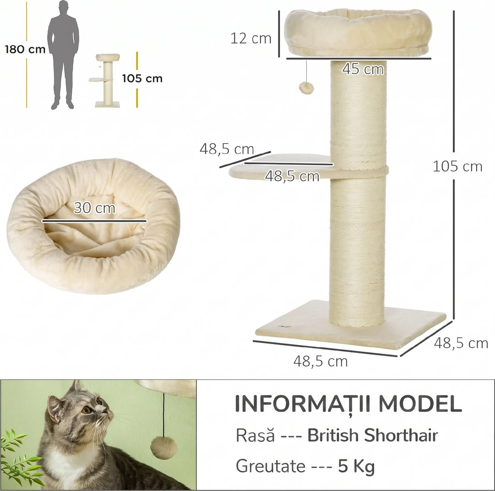 PawHut Ansamblu de Zgâriat pentru Pisici Multinivel cu Stâlp Sisal și Platformă, PAL, Pluș, 48,5x48,5x105 cm, Bej | Aosom Romania