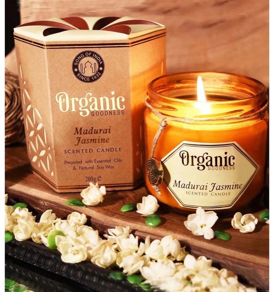 Madurai Jasmine 200 g lumânare organică în sticlăde chihlimbar