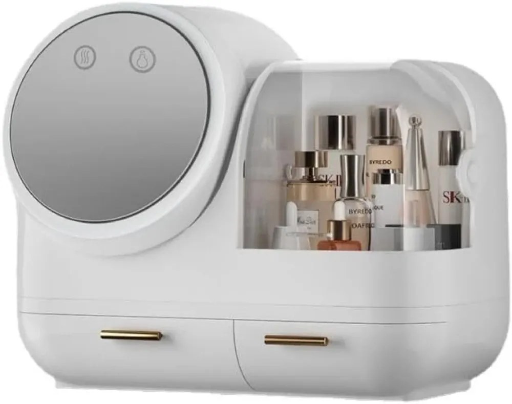 RESIGILAT- Organizator cosmetic cu Ventilator, Oglindă iluminare LED, rotativă 360 grade, portabilă, incarcare USB, depozitare compartimentata, cu sertare, 31x37,5x22 cm, Alb