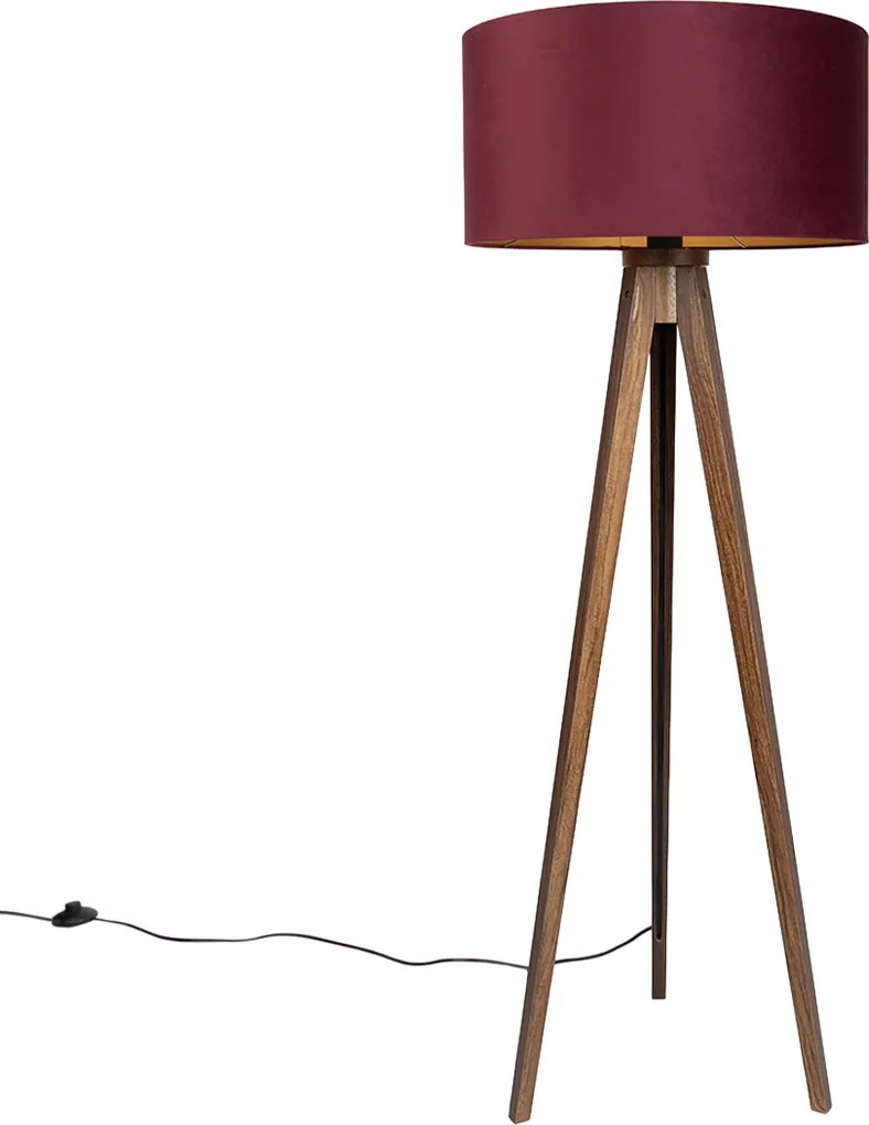 Lampă de podea trepied din lemn de nuc cu abajur roșu și interior auriu 50cm - Tripod Classic