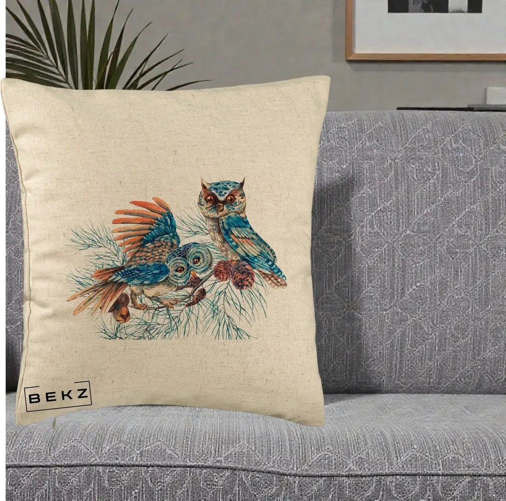 Perna Decorativa Bufnite de Iarna Albastre, 40x40 cm, Bej, Husa Detasabila, Perna Inclusa, BEKZ®
