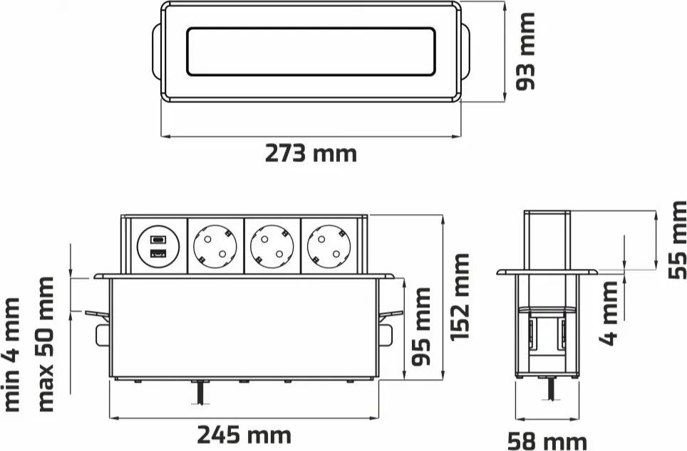 Priza incorporabila in blat Hop Box Design Light, 3 prize Schuko, USB A + C, otel inoxidabil periat   negru, 273 x 93 mm Metal Plastic, Otel