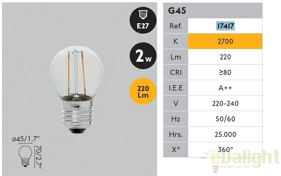 Bec LED decorativ FILAMENT E27 LED 2W 2700K 17417