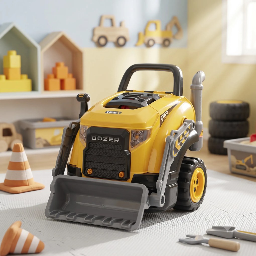AIYAPLAY Atelier Excavator Jucărie pentru Copii cu Motor, 68 Accesorii, Efect Abur și Sunete, 46x41x47 cm, Galben | Aosom Romania