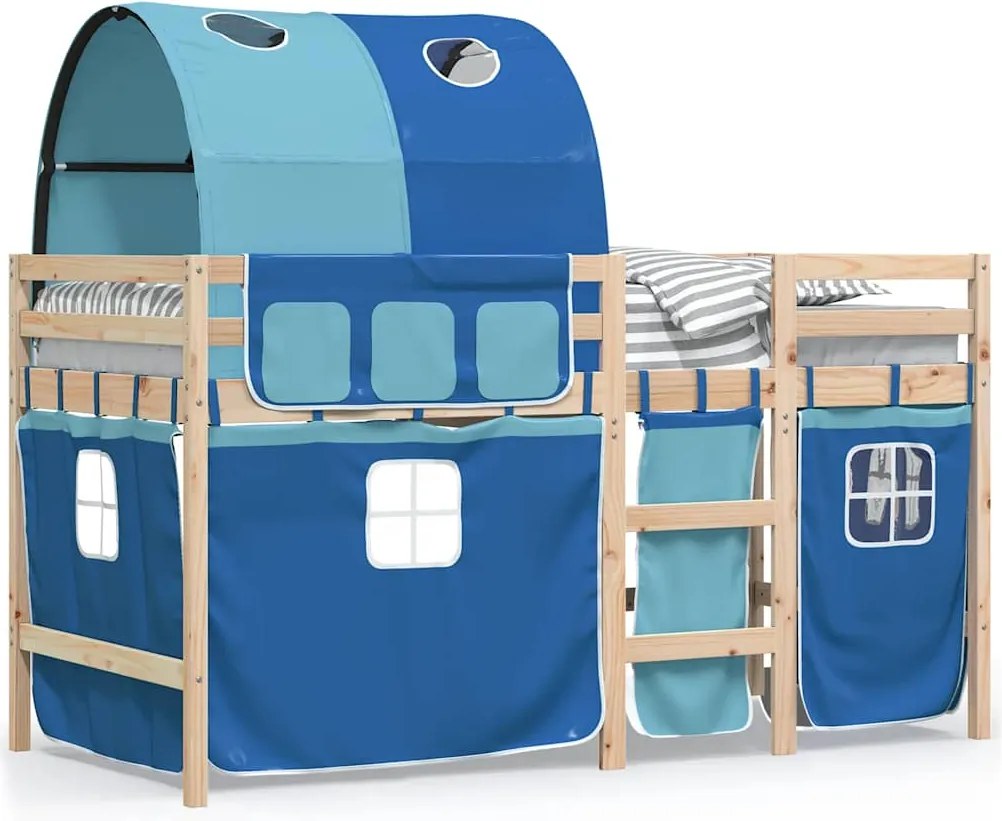 vidaXL Pat etajat de copii cu tunel albastru 90x190 cm lemn masiv pin