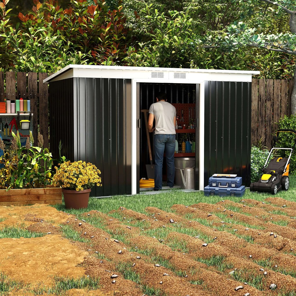 Outsunny, magazie pentru scule de gradina, casuta de gradina, sopron, 280x130x172cm, gri inchis | AOSOM RO