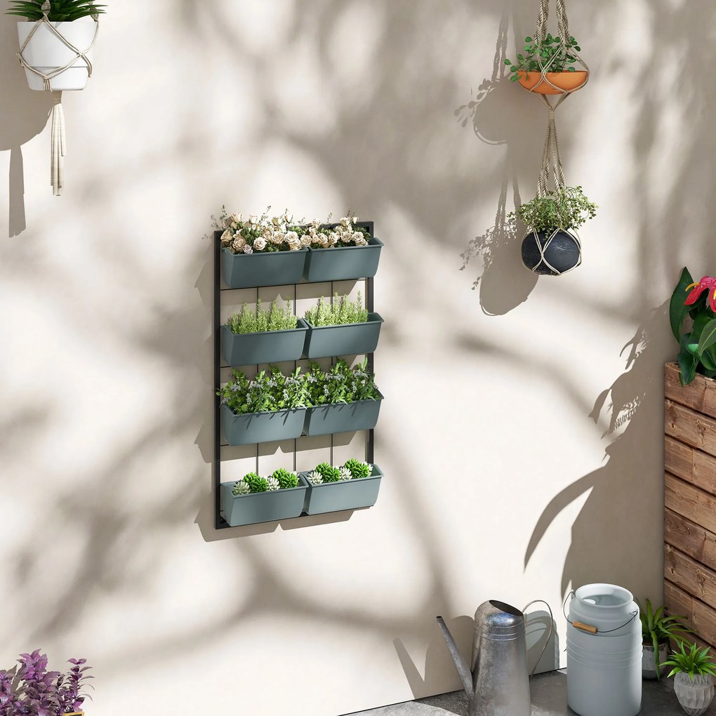 Outsunny Suport pentru Plante, 8 Ghivece Stivuibile, Rezistente la Intemperii, 52.5 x 14 x 90 cm, Gri + Negru | Aosom Romania