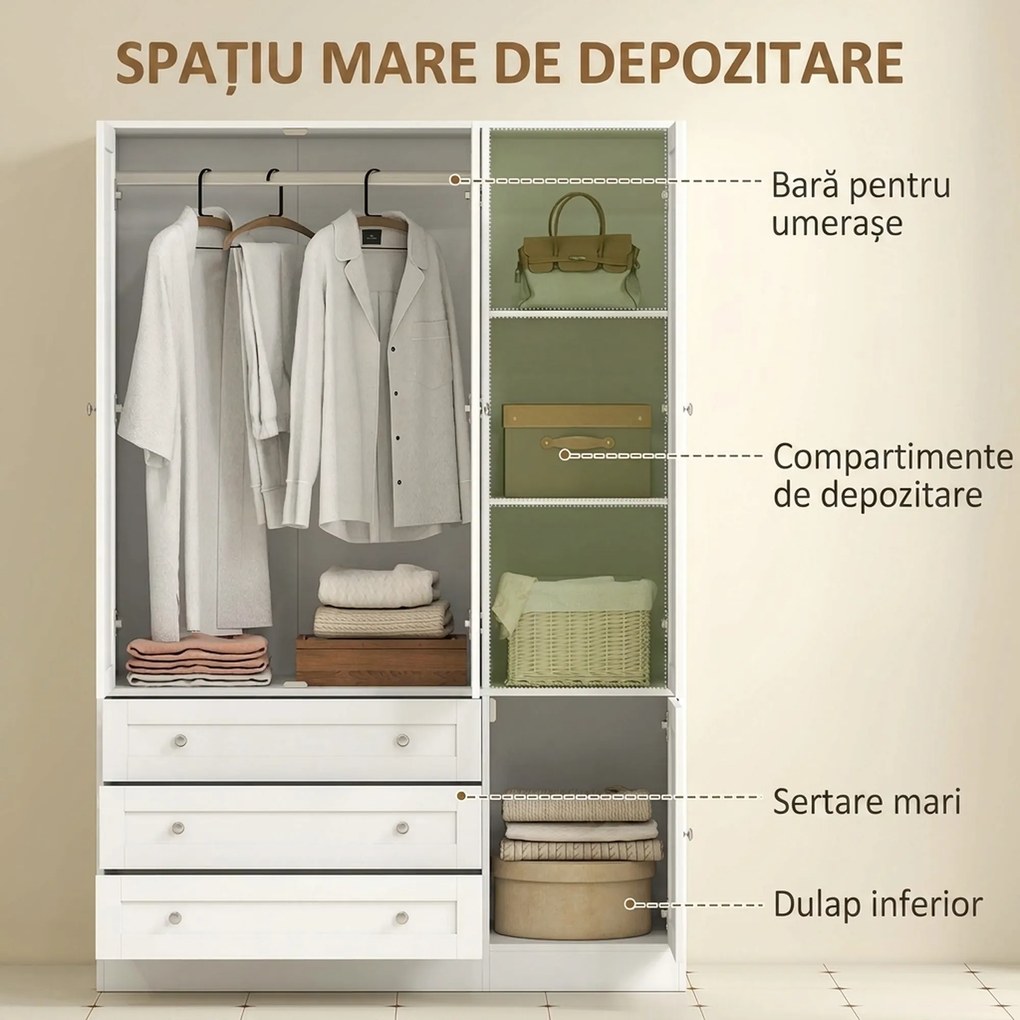 HOMCOM Dulap Modern cu Bară pentru Umerașe, 3 Sertare și Raft Reglabil, Alb | Aosom Romania