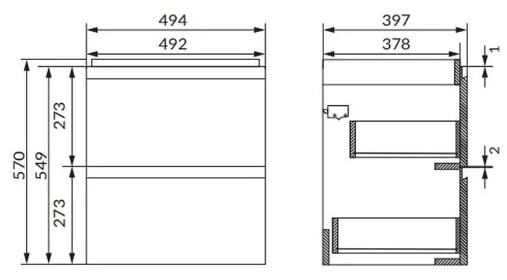 Dulap pentru lavoar, 57x49x40cm, 2 sertare, gri 500 mm, Gri lucios
