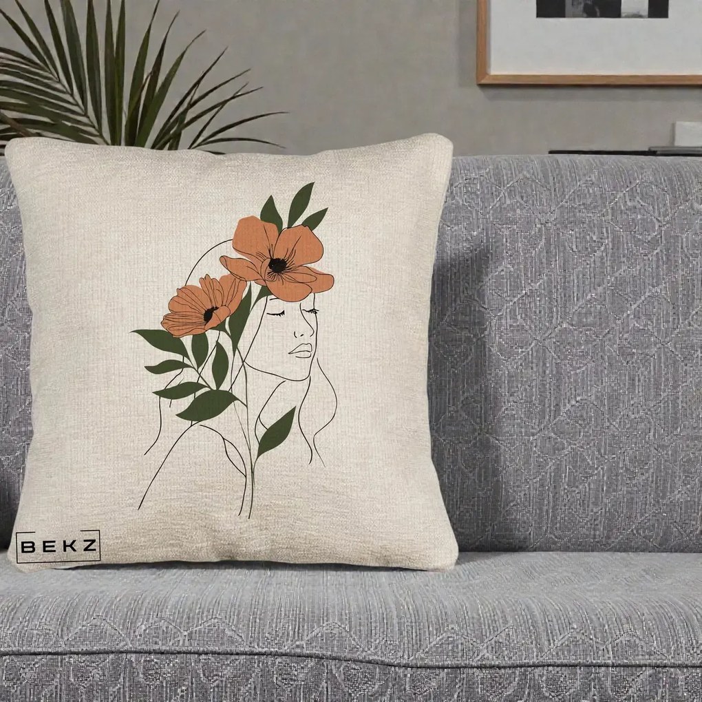 Perna Decorativa Portret Feminin Doua Maci Terracotta, 40x40 cm, Bej Canapea, Husa Detasabila, Perna Inclusa, BEKZ®