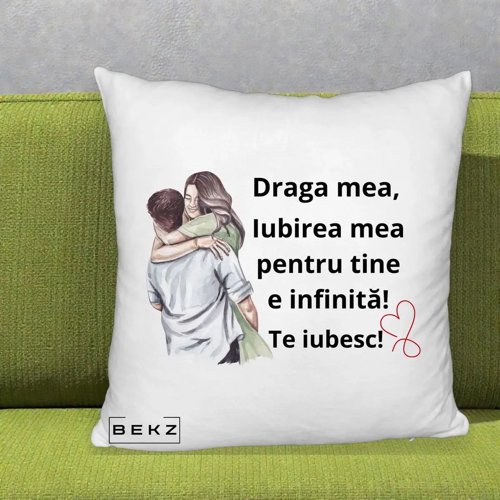 Cadou pentru Iubita - Perna Personalizata Draga Mea Iubirea Mea Infinita Te Iubesc cu Cuplu Acuarela, 40x40 cm, Alb Pufos, Husa Detasabila, Perna Inclusa, BEKZ®