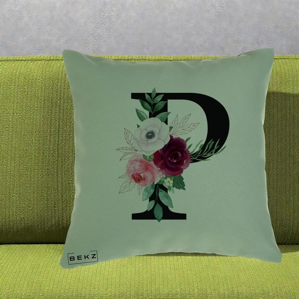 Cadou Personalizat - Perna Personalizata Monograma Florala Litera P, 40x40 cm, Verde, Husa Detasabila, Perna Inclusa, BEKZ®