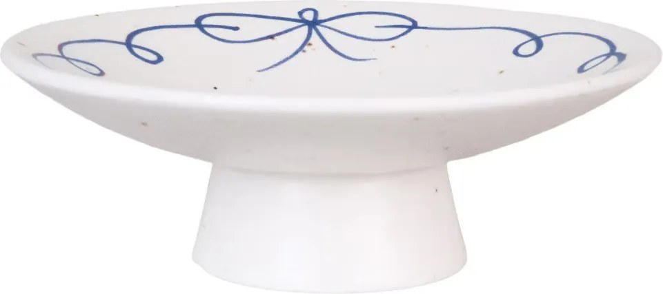 Platou pe picior decorativ vintage din ceramică, alb cu detalii albastre „Viola Bow”